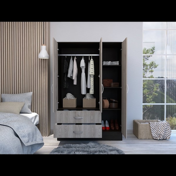 Tuhome Bolton 120 Mirrored Armoire, 2 Door Cabinet, 2 Drawers, Door W/ Mirror, Rods, Black/Light Gray CWZ5950 - main